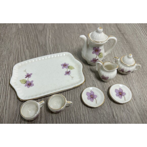 10pc VTG Dollhouse Miniatures Bone China Tea Set Floral Cups Saucers Tray Taiwan - Picture 2 of 8
